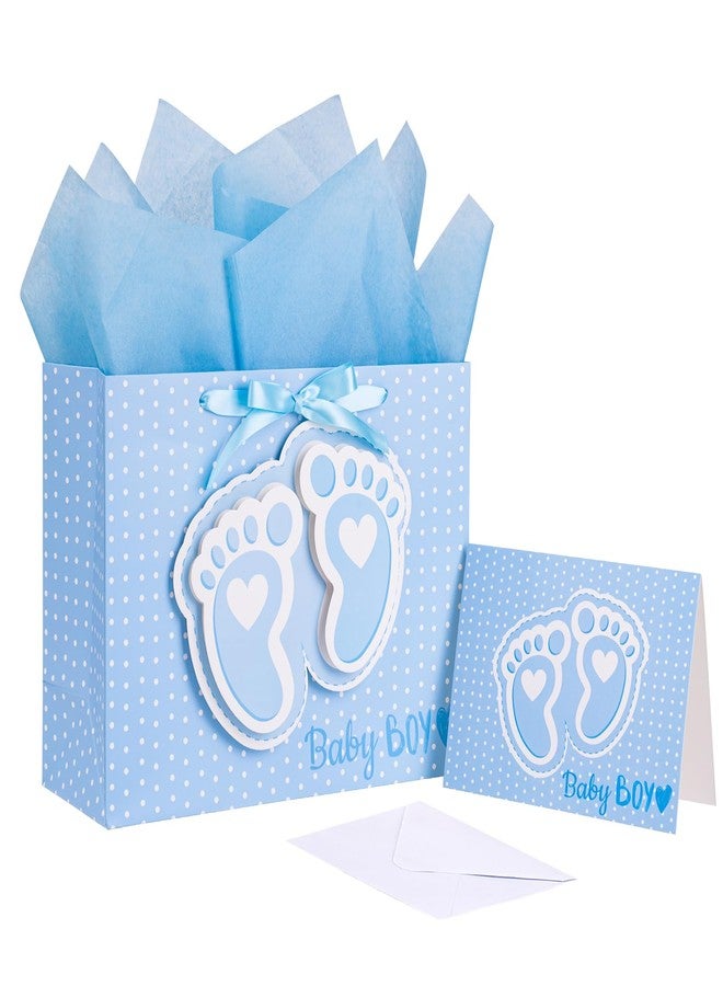 LeZakaa 13" Blue Gift Bags with Tissue Paper, Gift Card, Foot Print & Baby Boy Lettering Design for Baby Shower, Little One, 1st Baby Boys' Birthday - Image 1